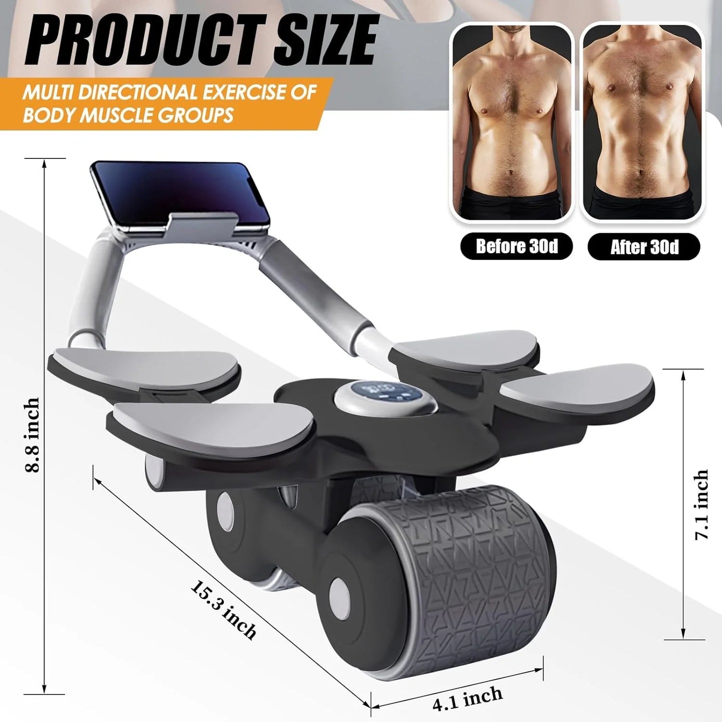 Ab Roller Wheel with Knee Mat &Timer, 2024 New with Timer Ab Abdominal Exercise Roller Elbow Support, Abs Roller Wheel Core Exercise Equipment, Automatic Rebound Abdominal Wheel